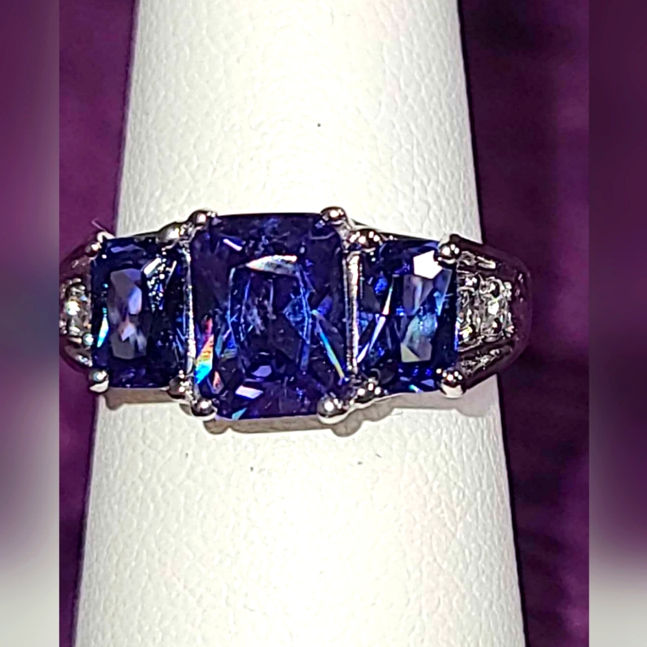 Blue And White Cubic Zirconia Rhodium Over Sterling Silver Ring Size 7